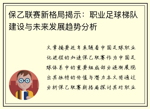 保乙联赛新格局揭示：职业足球梯队建设与未来发展趋势分析