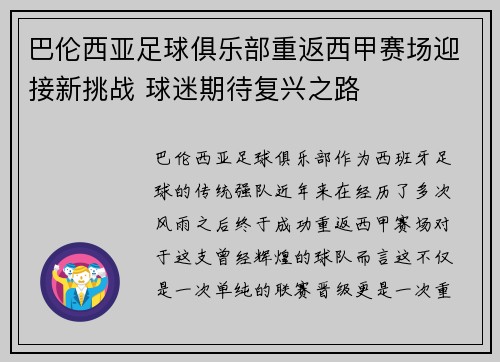 巴伦西亚足球俱乐部重返西甲赛场迎接新挑战 球迷期待复兴之路